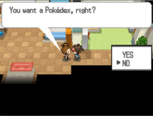 a video game scene with a speech bubble that says " you want a pokedex right ? "