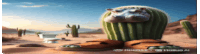 a picture of a hippopotamus sitting on a cactus in the desert