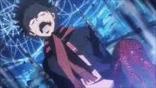 a cartoon character with a scarf around his neck is screaming in pain