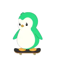 a green and white penguin riding a black skateboard