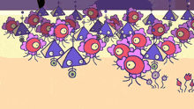 a cartoon drawing of a bunch of flowers with triangles and circles on them