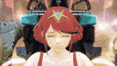 a cartoon character with red hair and a yellow star on her head