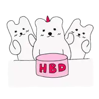 three cartoon bears are standing around a pink cake that says hbd .