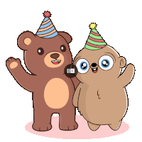 a teddy bear and a sloth wearing party hats standing next to each other