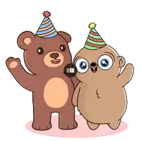 a teddy bear and a sloth wearing party hats standing next to each other