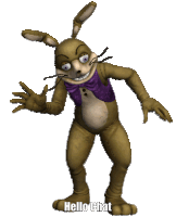 a stuffed rabbit with a purple bow tie and the words hello chat below it