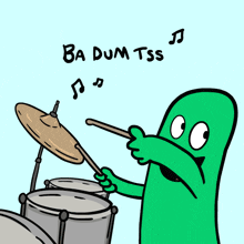 a cartoon of a green monster playing drums with the words ba dum tss above it