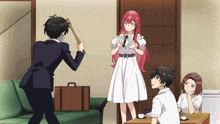 a man in a suit is holding a wooden stick in front of a woman