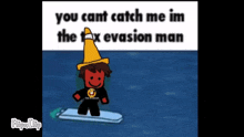 a cartoon character wearing a yellow cone hat is riding a surfboard in the ocean .