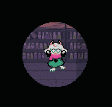 a pixel art of a cat standing in front of a building in a dark room .