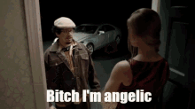 a man and a woman are standing in front of a car and the woman says bitch i 'm angelic
