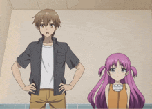 a man and a girl with purple hair stand next to each other