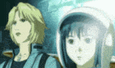 two anime characters are standing next to each other and one has a helmet on
