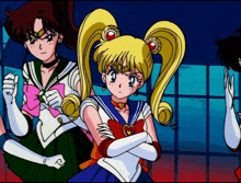 a group of anime characters are standing with their arms crossed and one of them has a heart on her chest