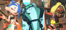a collage of three cartoon characters one of which has a backpack