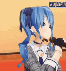 a girl with blue hair is singing into a microphone with a sign above her that says #