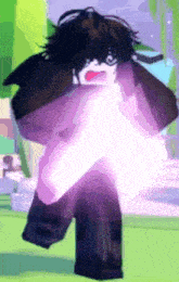 a cartoon character with purple hair is holding a purple light