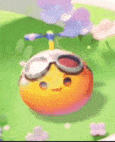 a cartoon character wearing goggles and a helmet is sitting on a green field .