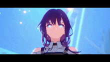 a girl with purple hair is standing in front of a blue background .