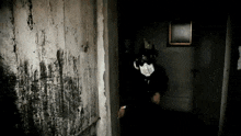 a man in a mask is standing in a dark hallway