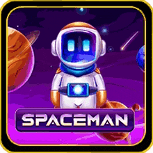 a purple icon with a spaceman and planets on it