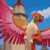 a cartoon cheetah with pink wings is smiling