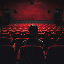 a man sits in an auditorium with red seats