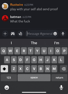 a screenshot of a chat between batman and rustwire at 6:23 pm