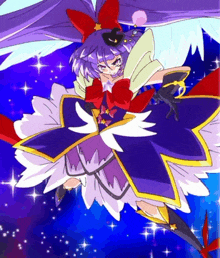 a girl with purple hair and a red bow on her head is flying through the air