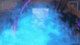 a video game scene with a blue and purple smoke coming out of the screen .