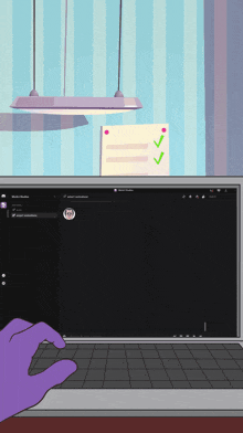 a purple hand is typing on a laptop with a checklist on the wall