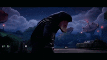 a cartoon character with a hood on is holding a lightning bolt