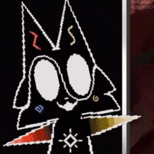 a black and white pixel art of a cat with big eyes .