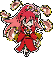 a cartoon drawing of a girl in a red dress holding a pink flower