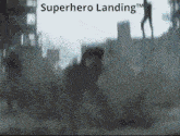 a superhero landing advertisement shows a man crawling in the dirt