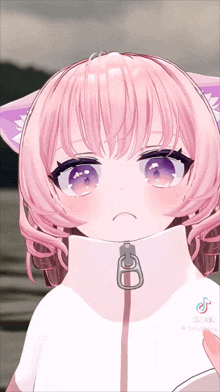 a girl with pink hair and purple eyes is wearing a white turtleneck