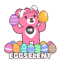 a cartoon of a teddy bear holding easter eggs and the words eggselent