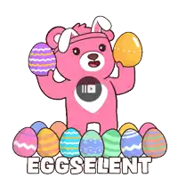 a cartoon of a teddy bear holding easter eggs and the words eggselent