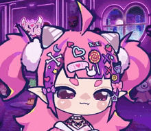 a cartoon drawing of a girl with pink hair and a xoxo sticker on her head