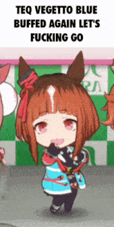 a cartoon of a girl with red hair and a horse 's ears is dancing .
