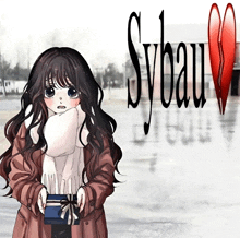 a girl is holding a gift in front of a sybau logo