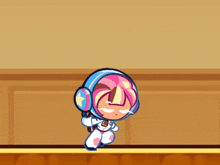 a cartoon character wearing headphones and a helmet is walking on a wall .