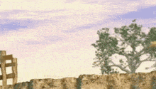 a tree is standing in front of a stone wall in a video game scene .
