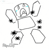 a drawing of a person surrounded by spiders with flipa clip written on the bottom