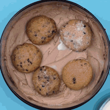 four chocolate chip cookies are sitting on top of a cake