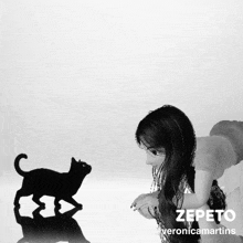 a black and white photo of a woman looking at a shadow of a cat with the name zepeto at the bottom