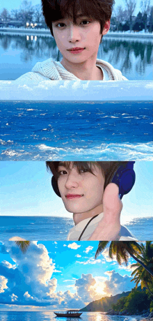 a boy wearing headphones is standing in front of a blue ocean