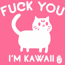 a pink poster with a white cat and the words fuck you i 'm kawaii