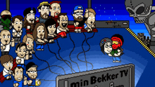 a group of people are sitting in front of a tv that says " min bekker tv "