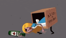 a cartoon of alice in a box with a bottle